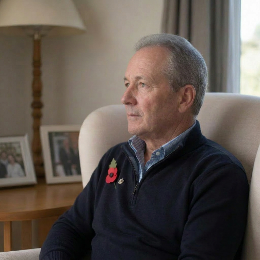 British military veteran sitting quietly at home, wearing a remembrance poppy